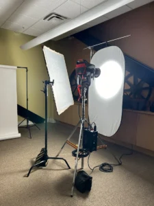 Scrims, floppies, and bounce tools being used by Kim Brattain Media at a shoot.